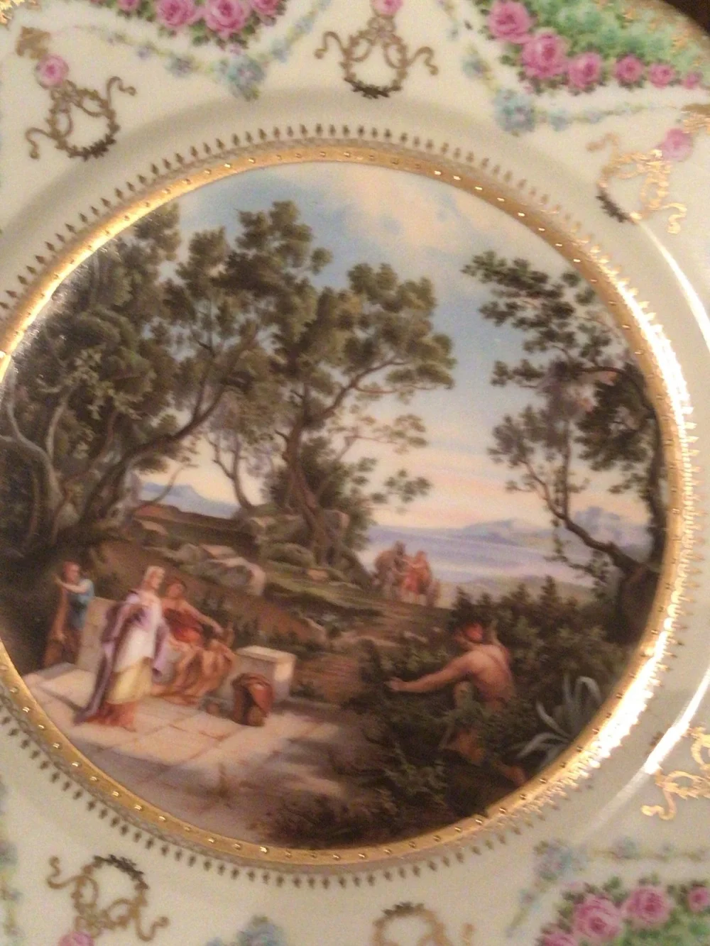 Source Unknown Porcelain Decorative Plate in White, Green, Pink & Gold